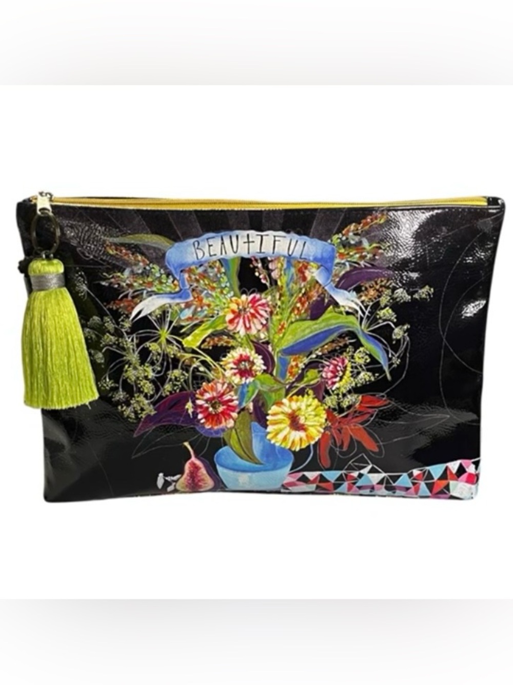 Papaya Art Tassel Clutch Bag - LARGE Flat Bottom BEAUTIFUL” Black Gloss - NEW